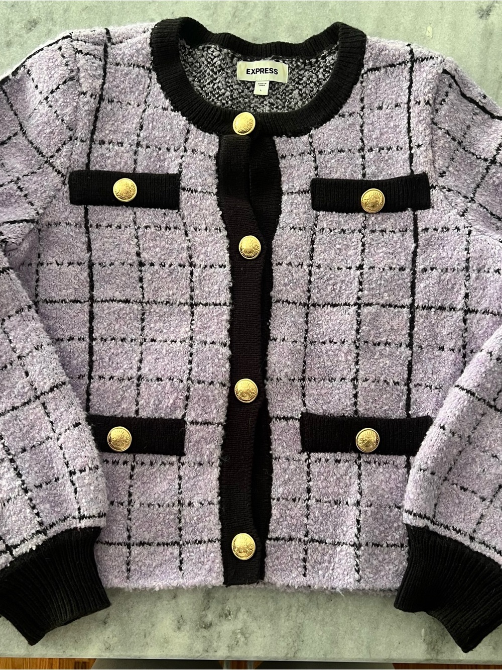 Express Lilac Grid Knit Button-Front Sweater